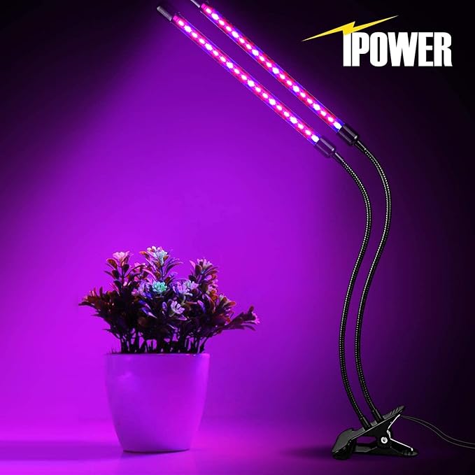 iPower LED Grow Light with Full Spectrum for Indoor Plants, Adjustable Gooseneck, 2/3 Light Modes&5/10 Dimmable Levels, 3 Auto Timing Modes, 2 Tubes, Red&Blue