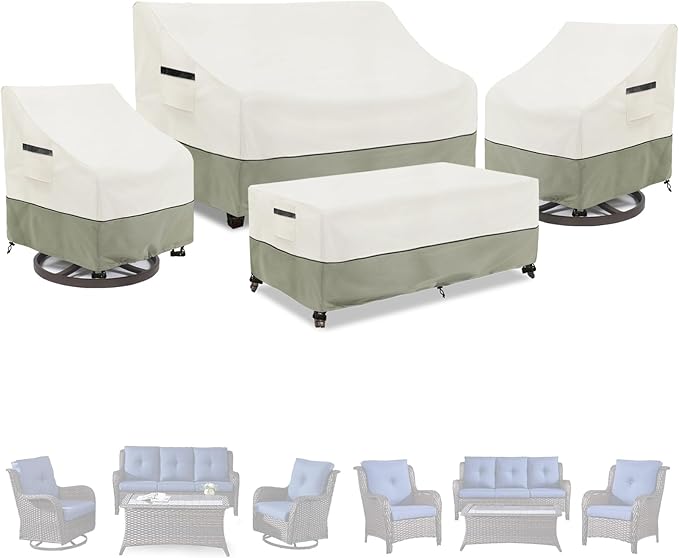 Patio Furniture Covers 4 Piece Set, 600D Heavy Duty Outdoor Furniture Covers Waterproof for Patio 3-Seater Sofa,Swivel Rocker Chair and Coffee Table Furniture Set,White&Grayish Green