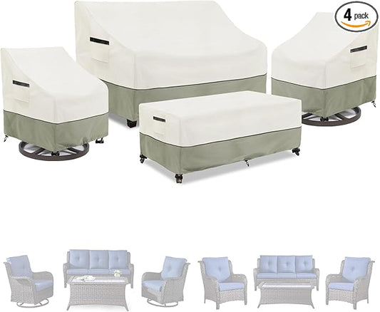Patio Furniture Covers 4 Piece Set, 600D Heavy Duty Outdoor Furniture Covers Waterproof for Patio 3-Seater Sofa,Swivel Rocker Chair and Coffee Table Furniture Set,White&Grayish Green