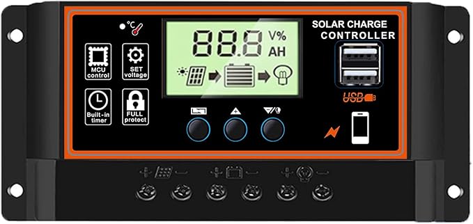 60A Solar Charge Controller, 12V/24V, LCD Display, Adjustable Parameter, Timer Setting, USB, Auto Charge Regulator (Black)