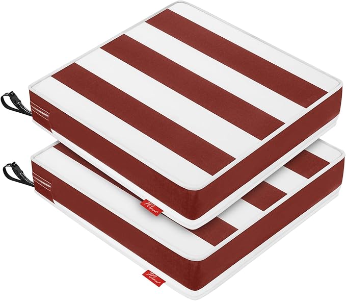 Patio Chair Cushions 22x22 Inch, Water Repellent Outdoor Seat Cushions with Adjustable Straps, Fade Resistant Replacement Cushions for Garden Deck Sofa Couch, Set of 2, Red White