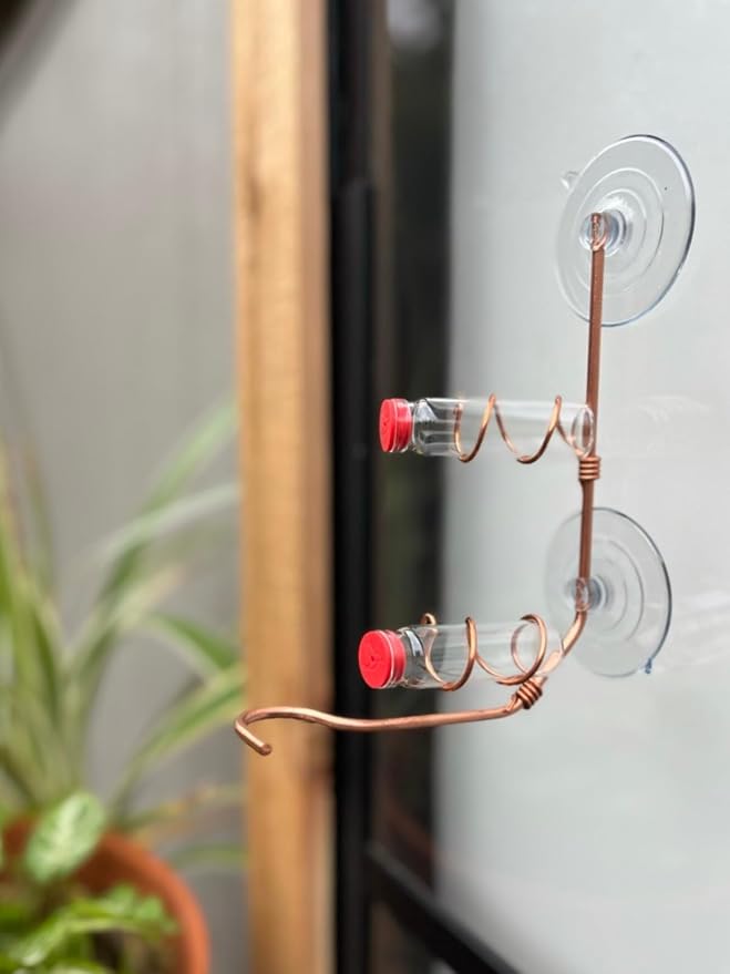 Window Hummingbird Feeder | Handcrafted Copper and Aluminum | Multiple Stations | Modern Hummingbird Feeder | Home Décor | Glass Bottles | Suction Cups (Copper, Two Station)
