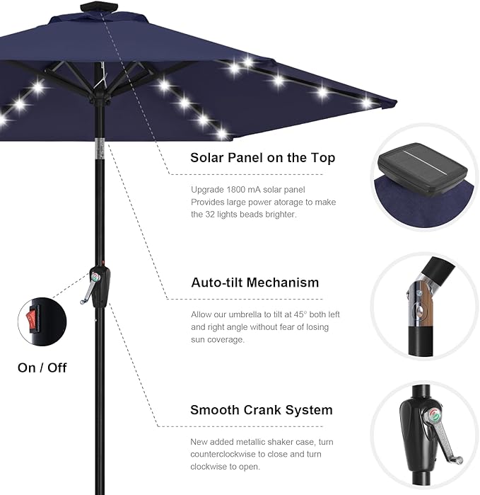 ABCCANOPY Durable Solar Led Patio Umbrellas with 24LED Lights 7.5FT with 6 Sturdy Ribs (Navy Blue)