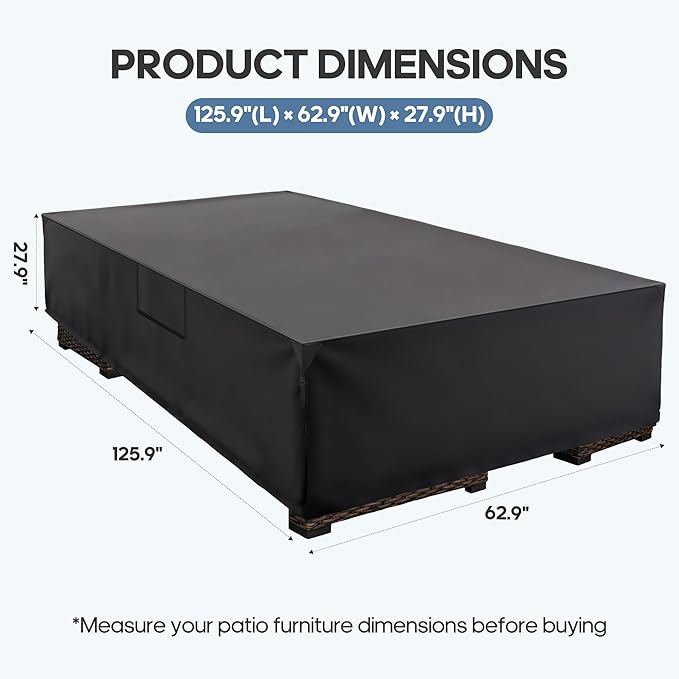 DUMOS Outdoor Furniture Cover, Rectangular Heavy Duty 600D UV Resistant & Waterproof Patio Furniture Covers for Deck Table and Chairs, Backyard Patio Dining Sets, 126"L x 63"W x 28"H, Black