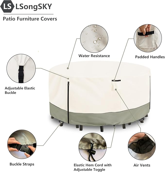 Round Patio Furniture Covers,600D Heavy Duty Waterproof Outdoor Furniture Cover for Round Dining Table with Rocking Swivel Chairs Set,62" Dia x 28" H Beige