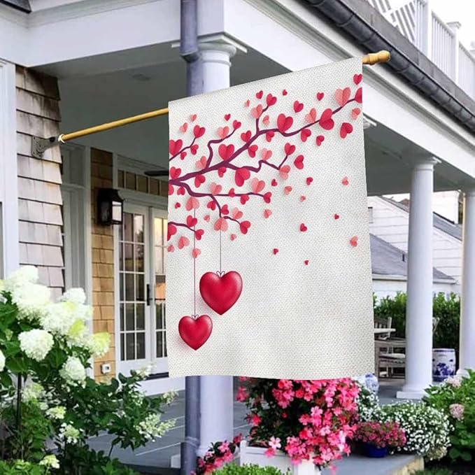 AOYEGO Valentines Day House Flags 28 x 40 Double Sided Burlap Tree With Paper Leaves and Hanging Hearts Happy Saint Yard Flags Spring Summer Farmhouse Seasonal Outdoor Flag