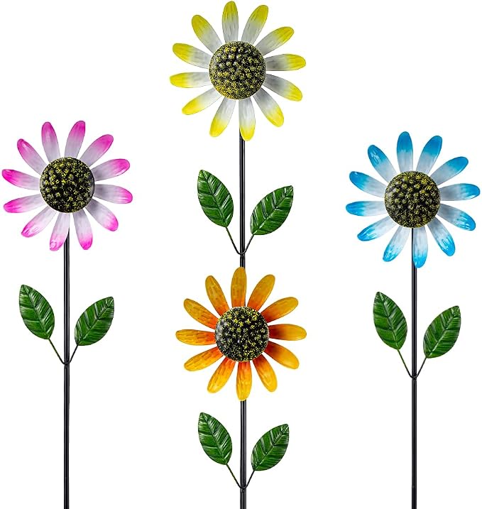 4 Packs Wind Spinner Outdoor, Pinwheels for Yard and Garden, Metal Sunflower Decorative Garden Stakes for Lawn Patio Porch Decor