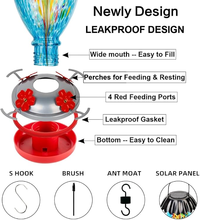 Solar Hummingbird Feeder for Outdoors Hanging Colorful Lighting 32 Oz Hand Blown Glass Hummingbird Feeder for Garden Decoration with Accessories (Color)