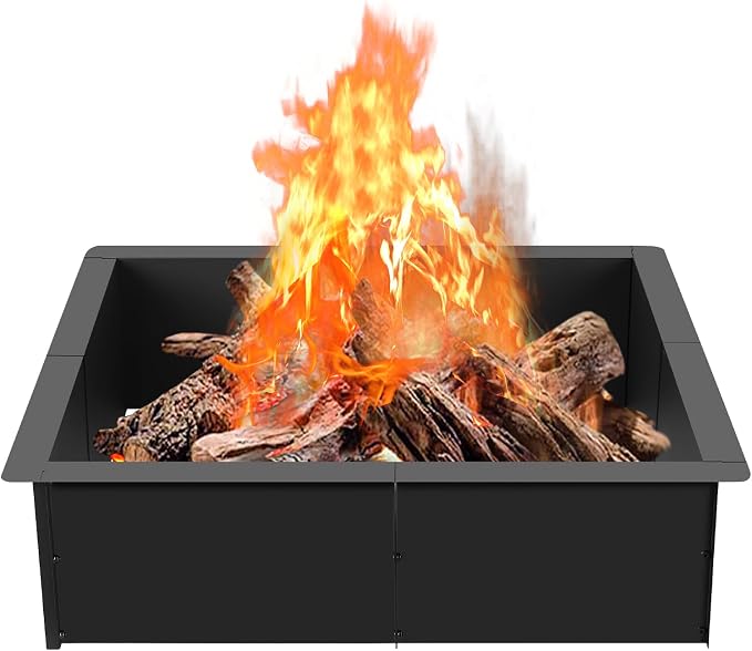 OUSHENG 32 Inch Square Fire Pit Ring Insert for Outside Wood Burning, 36 Inch Outer Large Solid Steel Firepit Liner for Above or In-Ground Outdoor DIY Camping Garden Patio Backyard