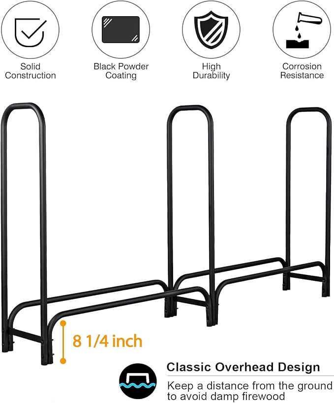 GASPRO 8FT Firewood Rack Outdoor with Cover, Adds Sturdy Middle Upright, Heavy Duty Steel Log Rack Wood Holder, Easy to Assemble