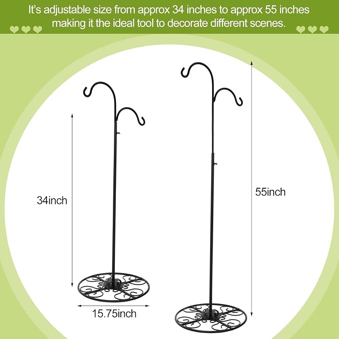 Blulu 34-55 Inch Adjustable Black Iron Shepherd Hook with Base Indoor Outdoor Hanging Plant Stand Bird Feeder Stand Wind Chime Flower Basket for Garden Plants Weddings Event Home Stylish Decor