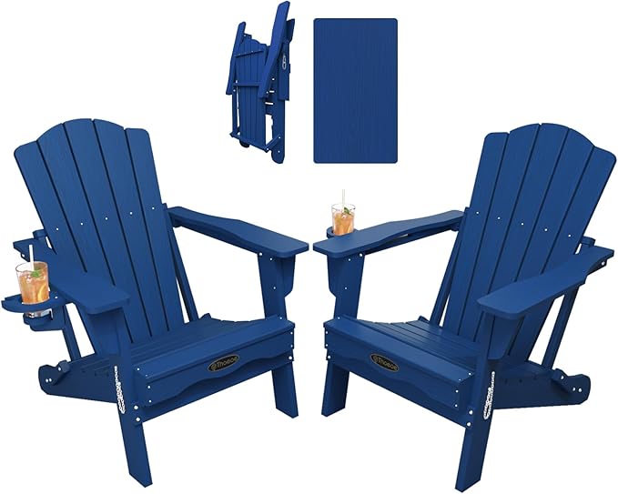 THOEOE Folding Adirondack Chair Set of 2, HDPE All-Weather Outdoor Chair with Cup Holder, Wooden Textured, Fire Pit Chair, Plastic Patio Chair for Deck, Backyard, Garden, Lawn, Navy Blue
