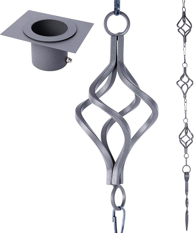 Rain Chain Bird Cage Set 8.5Ft, Wrought Iron Rain Chains for Gutters with Adapter Gotta Drain and Anchoring Stake,13 Birdcage, 1 Hook, Not Rust,Adjustable Length for Garden (Blue Gray)