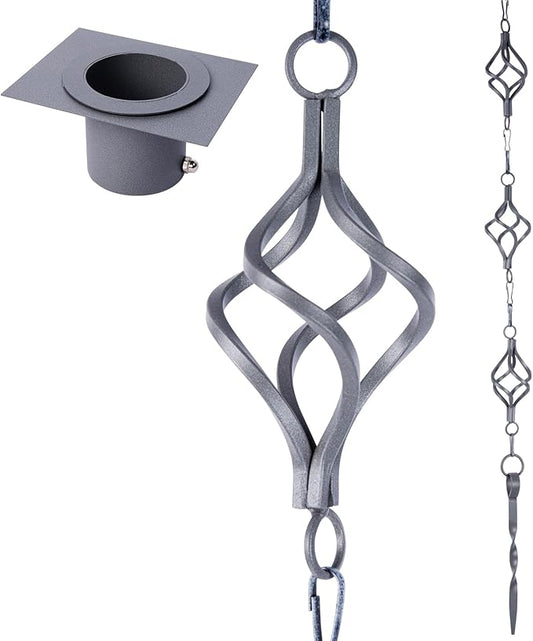 Rain Chain Bird Cage Set 8.5Ft, Wrought Iron Rain Chains for Gutters with Adapter Gotta Drain and Anchoring Stake,13 Birdcage, 1 Hook, Not Rust,Adjustable Length for Garden (Blue Gray)