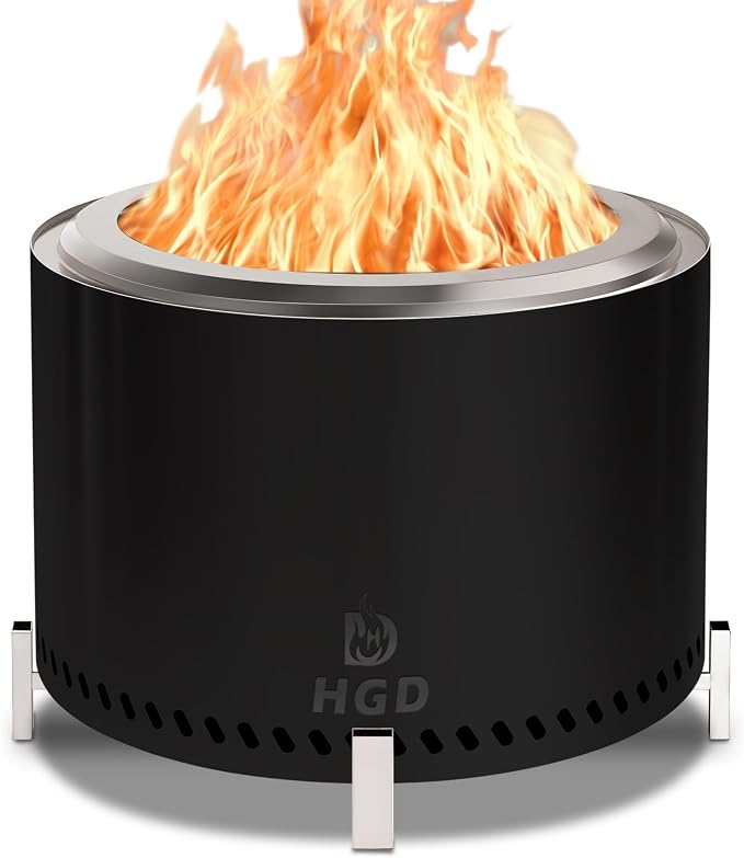HGD 19.5" Smokeless Firepit with Stand, Stainless Steel Wood Burning Fire Pit for Friends & Family Gatherings, Secondary Combustion Outdoor Patio Stove for Garden BBQ & Bonfire (Black)