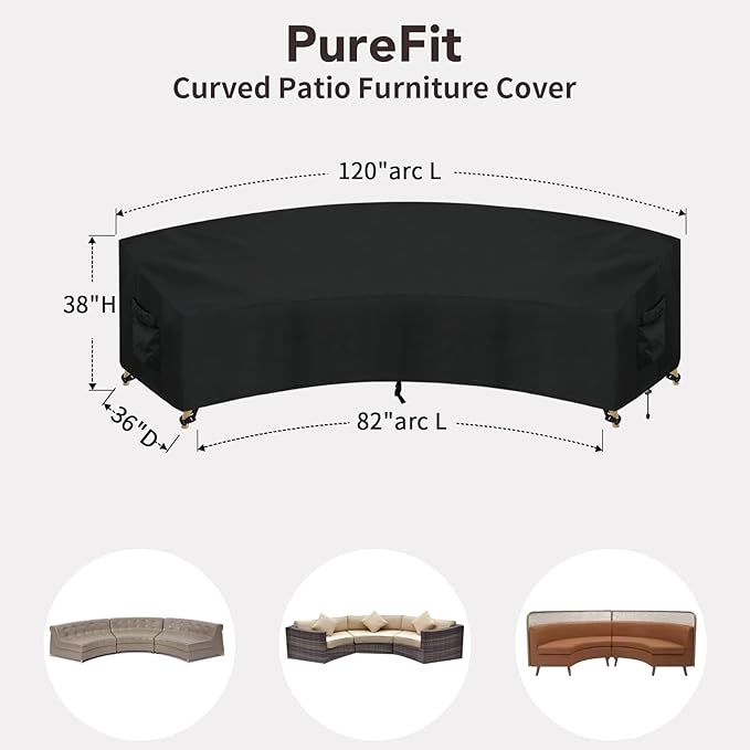 PureFit Outdoor Sectional Sofa Cover Waterproof Curved Patio Furniture Covers for Deck, Lawn and Backyard, 120Lx36Dx38Hx82FL, Black