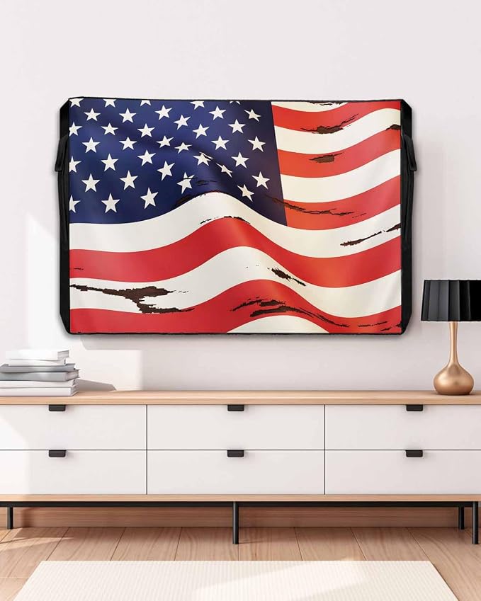 American Flag Outdoor TV Cover 30-32 Inch Weatherproof, Retro Outdoor TV Enclosure with Zipper & Roll Up Front Flap, Blue Star Red Striped Waterproof TV Covers for Outside Flat Screen TV