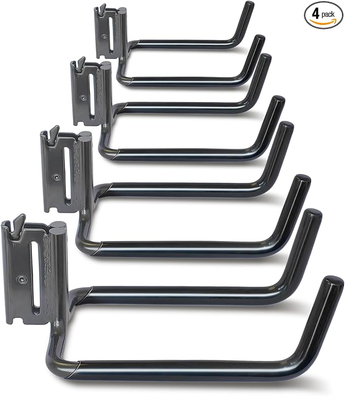 4-Pack Heavy-Duty E-Track Double J Hooks with Extra Rubberized Dip-Coating - Steel Tool Hanger for Long Handled Tools, Trailers & Garden Storage