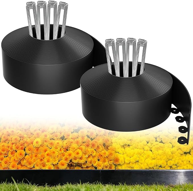MIXC Garden Edging Border, 200FT (100FT 2Pack) 4 Inch Tall Plastic Landscape Edging with 300 U-Shaped Metal Stakes, More Stable and Flexible Tool-Free Lawn Border for Yard, Flower Bed & Landscaping