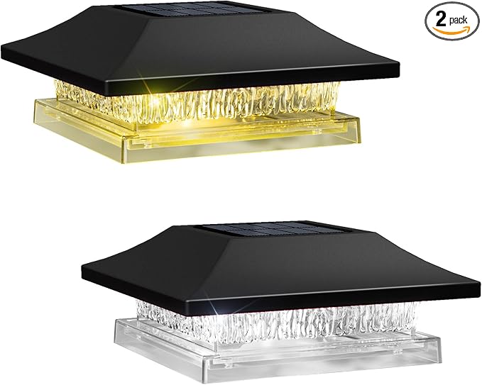 2 Pack Solar Post Cap Lights, Outdoor Fence Solar Powered Cap with 4 Lighting Modes Waterproof Light Decorative for Deck Patio or Garden Decor, Fits 4x4 Wood Vinyl Posts