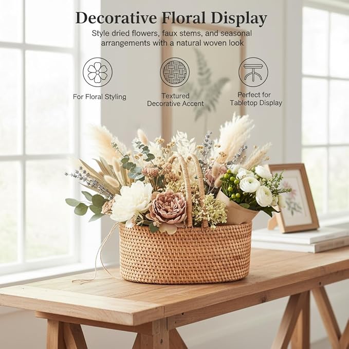 Handwoven Rattan Storage Basket with Handles, Natural Wicker Decorative Basket for Kitchen Counter, Pantry Organization, Floral Arrangement, Gift Packaging & Home Decor