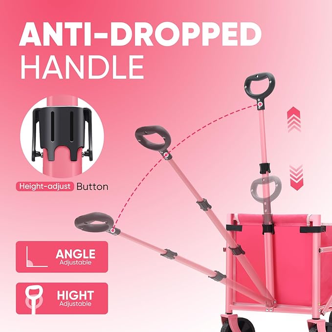 Sekey Wagon Cart with Wheels with 220LBS Capacity,Heavy Duty Wagon Carts Foldable,Lightweight Utility Portable Cart for Grocery, Shopping, Garden, Camping. Pink