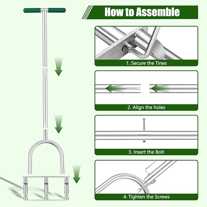 Manual Lawn Aerator Tool with 3 Hollow Tines, Adjustable Height Stainless Steel Core Aerator, Heavy Duty Plug Aerator for Lawn Soil Compaction Relief, Yard Aeration Tool