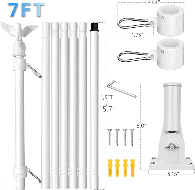 LETSTRY 7FT Flag Pole Kit for House with Solar Light and Adjustable Bracket, 1" Thickened Stainless Steel Outside Wall Mount Flagpole for 3x5 American Flag, for Residential, Outdoor or Porch (White)