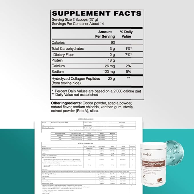 Collagen Peptides - Type I & III - Premium Hydrolyzed Collagen Powder - with Digestive Enzymes & Probiotics - High Dosis of Collagen & Protein - 14 Servings - BonaGlow Chocolate