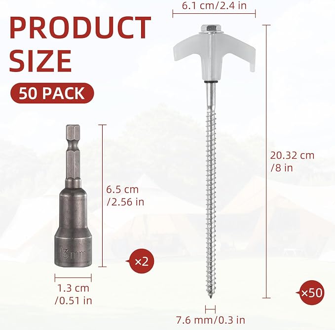 50 Pack 8 Inch Screw in Tent Stakes Heavy Duty Tent Stakes Screw in Ground Camping Stake with Hex Head Driver Metal Pegs Spikes for Camping Garden Yard (White)