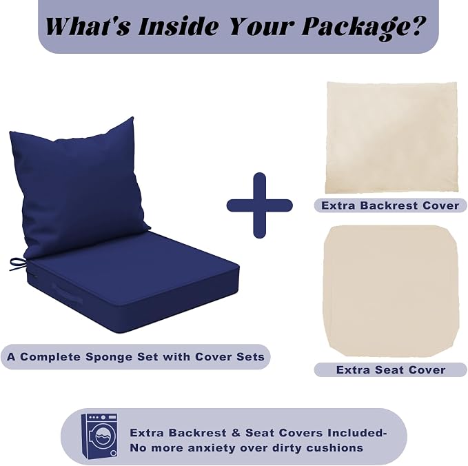 Patio Chair Cushions with Two Replaceable Cover Sets 24x24 Inch , Waterproof Fade Resistant Outdoor Cushions for Patio Furniture, Edge Binding Design with Handle, Adjustable Straps & Hidden Zipper
