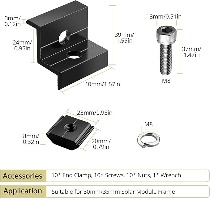 10pcs Solar Panel End Clamp 30mm/35mm, Anbte Aluminum Z Brackets for Solar Panels Solar Mounting Brackets Kit with Nuts Bolts for Solar Panel Pv Mounting System Install Accessories (Black)