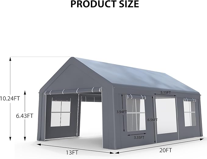 13 x 20FT Heavy Duty Carport with Roll-Up Windows, 220 g PE Portable Garage with Removable Sidewalls & Doors, Portable Car Tent Garage with Roll-Up Windows and All-Season Tarp, for Car, Truck,
