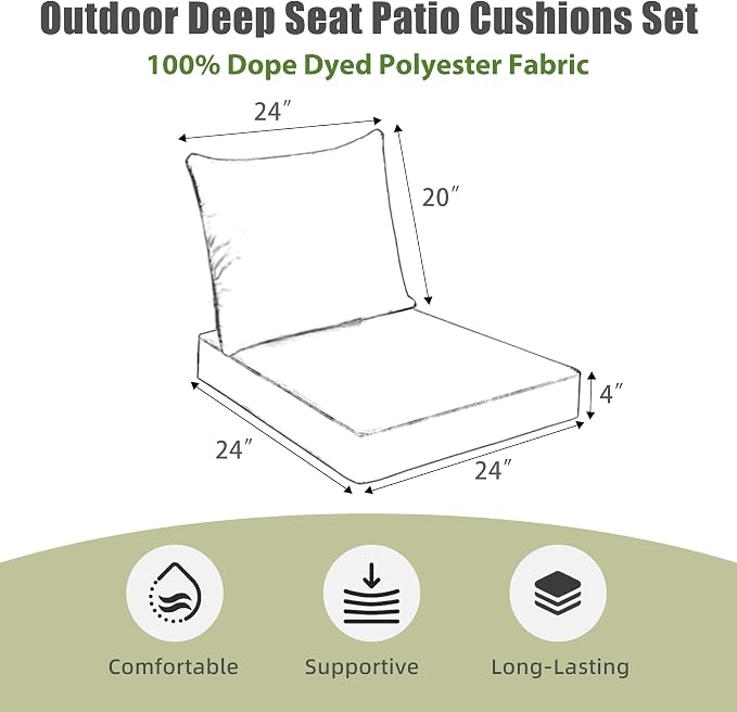 Favoyard Outdoor Deep Seat Patio Cushions Set, 24 x 24 Inch Rainproof & 3-Year Fade Resistant Patio Furniture Cushion, Removable Bottom & Back Cushion with Ties for Yard, Garden, Teardrop Blue