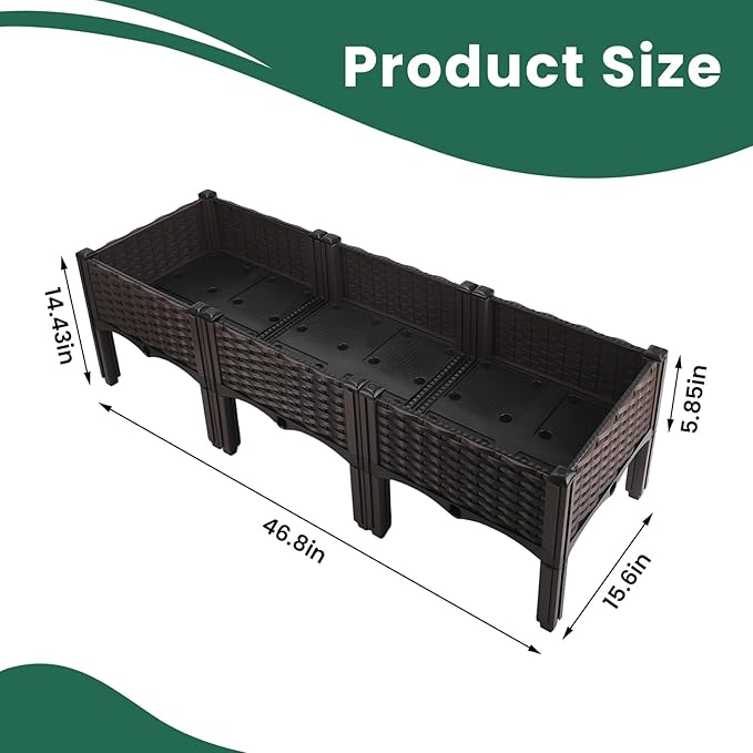 Raised Garden Bed with Legs & Drain Outlet, Self-Watering System Outdoor Elevated Wicker Planter Box Rectangular Patio Plant Containers for Vegetables, Flowers (3-Box)