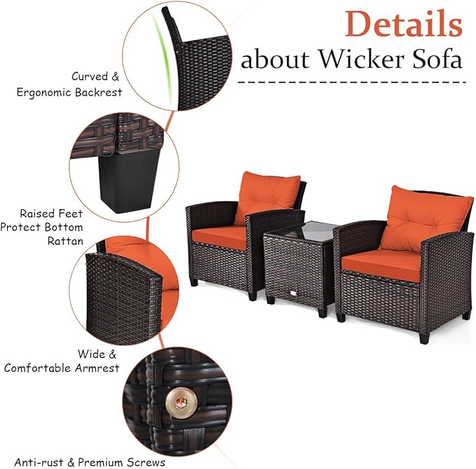 COSTWAY 3PCS Patio Furniture Set, PE Rattan Wicker Sofa w/Washable Cushion and Coffee Table, Tempered Glass Tabletop, Outdoor Conversation Set for Balcony, Porch, Yard, Backyard, Lawn (Orange)