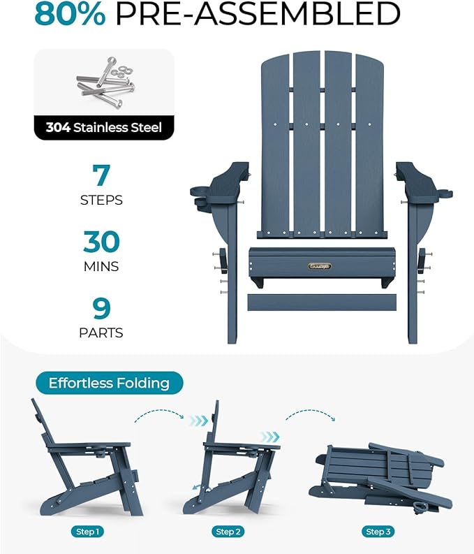 Folding Adirondack Chair 2 Pack, HDPE All-Weather Fire Pit Chairs, Plastic Adirondack Chairs with 2 Cup Holder, Outdoor Lawn Chair for Patio Garden (New Blue)