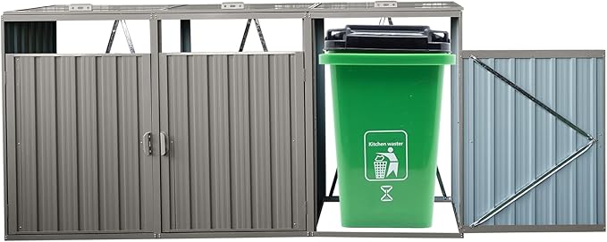 94.48" Metal Garbage Bin Shed Stores with Ventilated and Lockable,Patio Furniture 3 Trash Cans Outdoor Sheds w/Rust-Proof & Scratch- Resistant,for Garden Yard Lawn,Grey