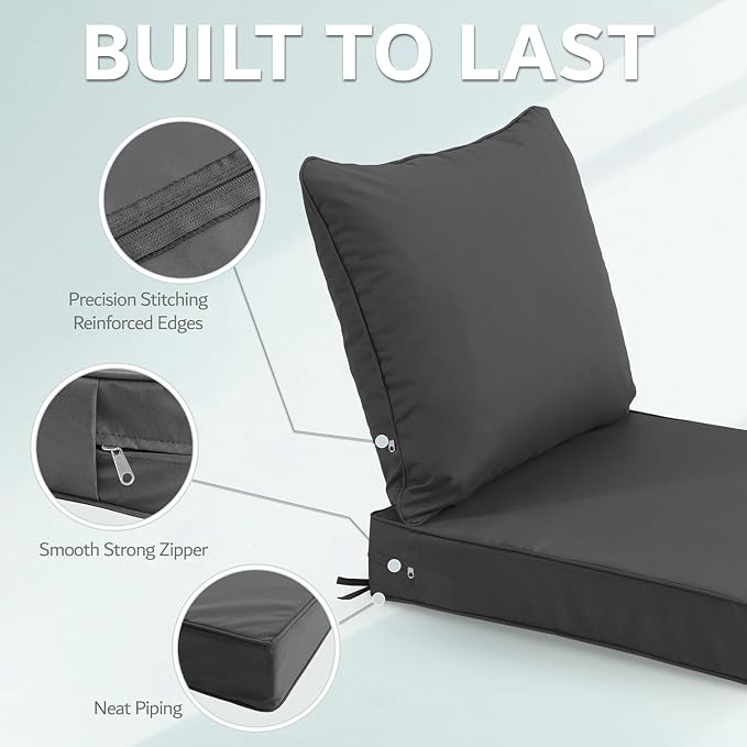 19x19 Inch Patio Chair Cushion with Removable Cover, Outdoor Furniture Cushion - Water-Repellent, Fade-Resistant, Non-Slip Bottom & Straps, Replacement for Lawn, Porch & Deck Chair - Dark Grey