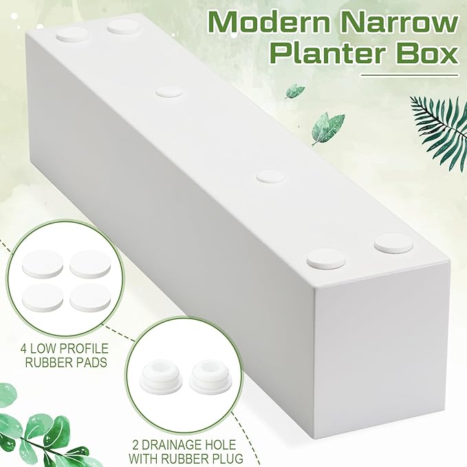 FillTouch 1 Pcs Long Rectangular Planter Box Window Sill Plant Box Metal Water Trough Indoor Large Modern Steel with Drainage Holes Herb Garden Home (16.1 x 3.2 x 3.5 Inch,White)