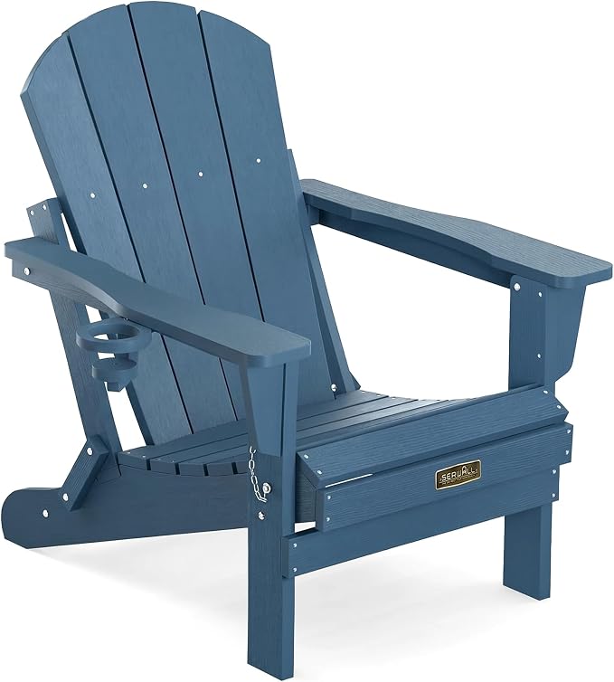 SERWALL Folding Adirondack Chairs with Cup Holder, Weather Resistant Adirondack Chairs for Outdoor, Patio, Lawn, Garden, Backyard Deck, Fire Pit - Blue