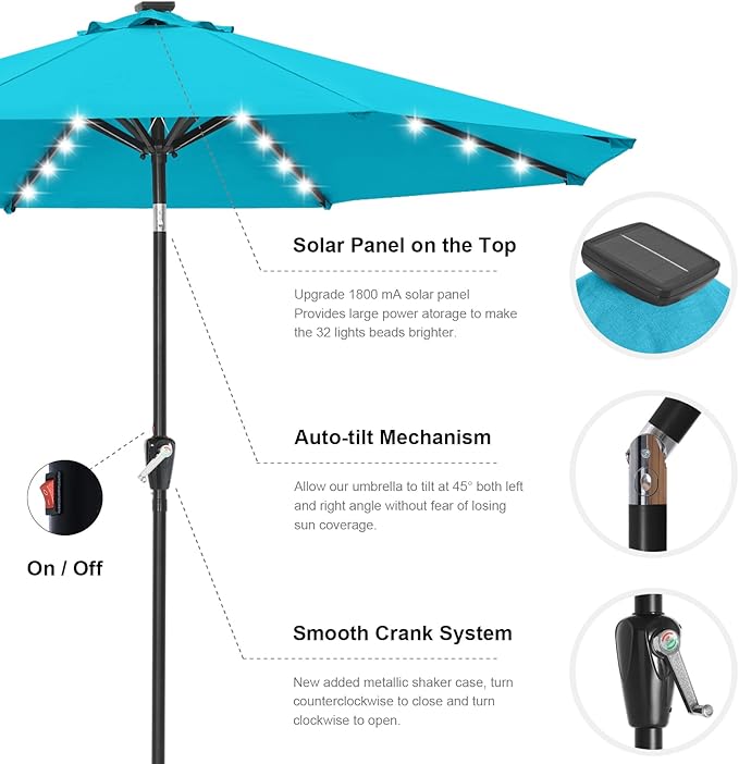ABCCANOPY Durable Solar Led Patio Umbrellas with 32LED Lights 10FT (Turquoise)