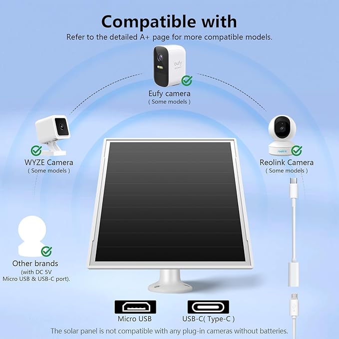 8W Solar Panel for Outdoor Security Camera, 5V Micro USB and USB - C Solar Panel Charger ，Fits Eufy/Wyze/Reolink DC 5V Output, IP65/360° Adjustable, 9.8ft Cable, Fast Charging