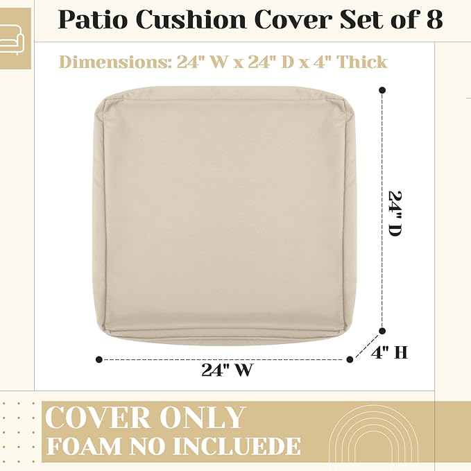 Mindsoft 8 Pcs 24"x24" Patio Cushion Covers Outdoor Cushion Covers Replacement High UV Resistant Anti Slip Waterproof Patio Chair Seat Slipcovers for Outdoor Furniture(Beige)