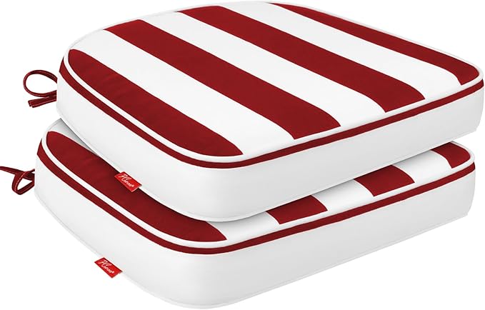 Outdoor Chair Cushions Set of 2, 17x16 Inch U-Shape Patio Seat Cushions with Ties, Water & Fade Resistant High Density Foam Cushions for Garden Patio Chairs, Red White