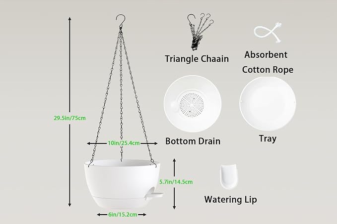 Hanging Planters, 3-Pack 10 Inch Self-Watering Pots with Drainage Holes and Chains, Matte Plastic Planters for Indoor/Outdoor Plant（White）