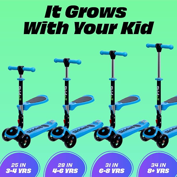 SKIDEE Kick Scooter for Kids Ages 3-5 | Foldable 3 Wheel Scooter with Lean-to-Steer, Adjustable Height, Removable Seat & LED Light Wheels | Toddler Scooter Up to 12 Year Old Boys/Girls