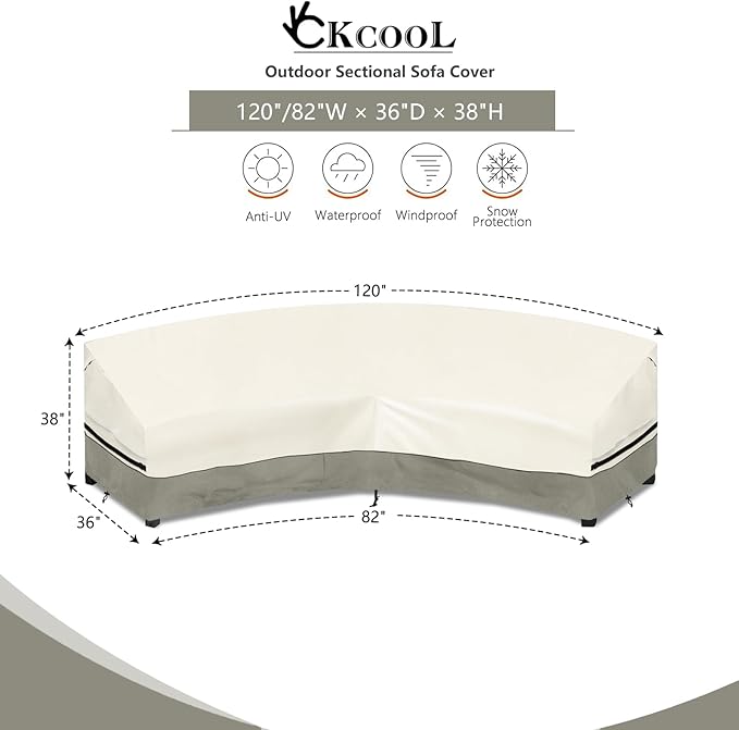 Okcool Outdoor Sectional Cover,Curved Patio Furniture Covers for 3-4 Seater Outdoor Furniture Couch,120"(Back Arc Length) x 81"(Front Arc Length) ,White&Grayish Green