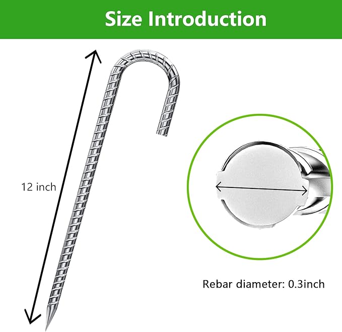 12 Inch 6 Pack Garden Stakes Heavy Duty J Shape Galvanized Rebar Stakes, Anti-Rust 8mm Steel Ground Tent Stakes for Trampolines Swing Set Lawn Decorations Inflatables Canopy Position Kits Fences