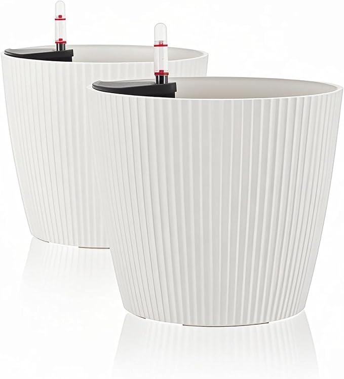 Dexceder 13x12 Self Watering Planters Indoor (2 Pack, White) | Inner Mat Design, Floor Standing Flower Plant Pot with Water Level Indicator